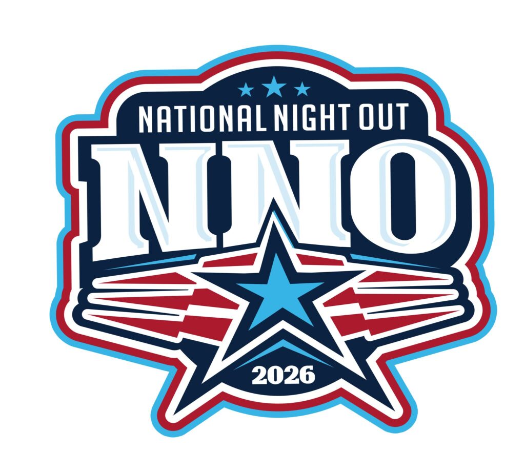 Official logo for National Night Out 2026. The design features bold red, white, and blue patriotic colors with a large white “NNO” centered on a dark blue shield-shaped background. Above the initials, the words “National Night Out” appear in white lettering with three blue stars. A large blue star outlined in white is positioned at the center of the logo, with red and white stripes extending outward from both sides. The year 2026 is displayed beneath the star. The logo is outlined in red, white, and light blue and represents the annual community-building campaign that promotes partnerships between residents, law enforcement, and public safety agencies.